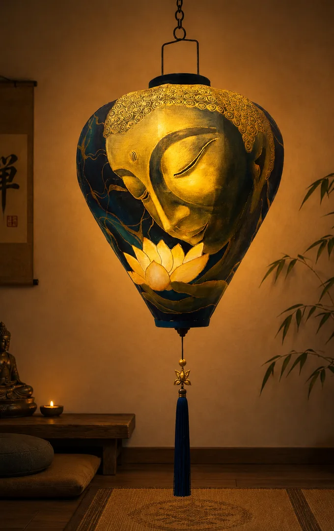 A tall hand-painted Hoi An silk lantern glowing warmly